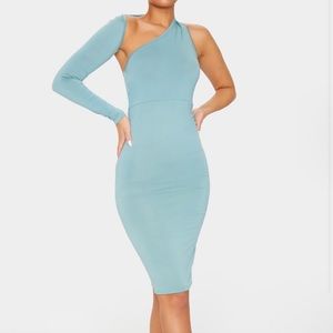 Sage Green Disco Slinky One Shoulder Midi Dress